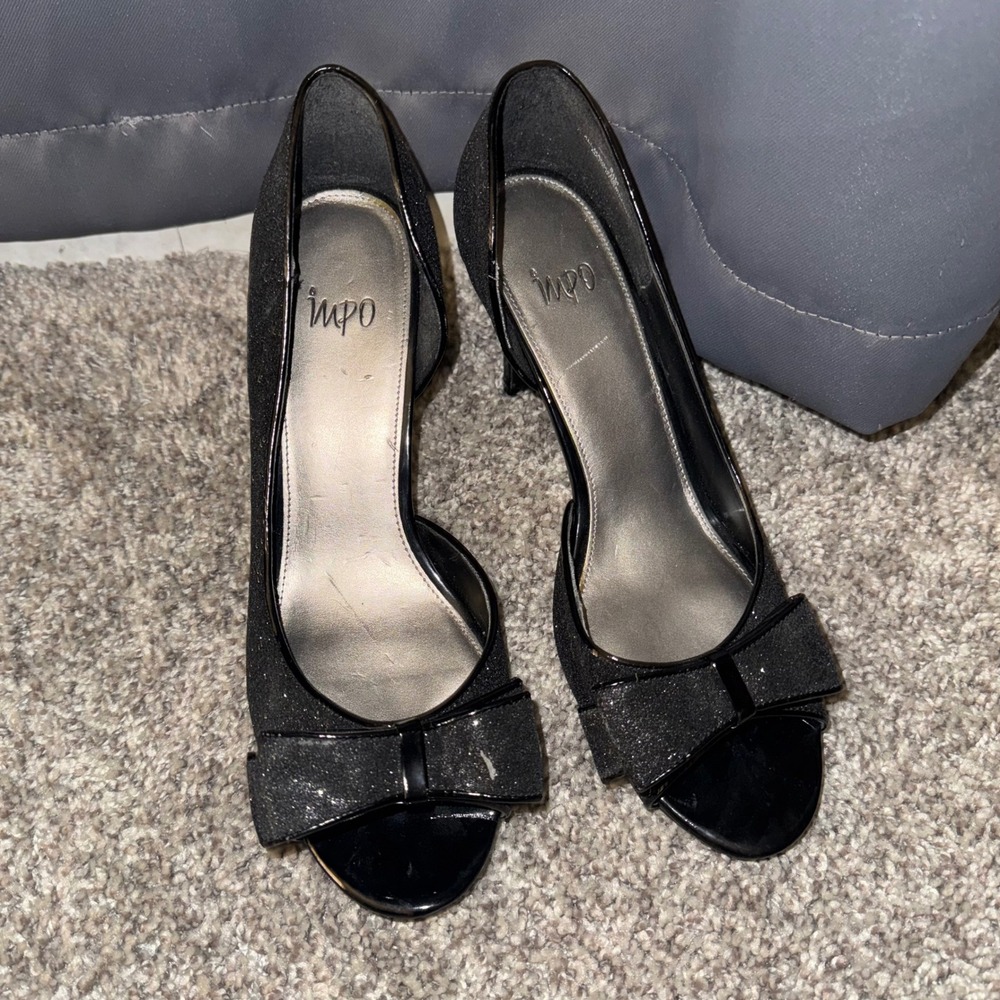 Impo Tia Black Glitter Peep Toe Bow Pumps Kitten Heels D'Orsay Evening Shoes 9.5